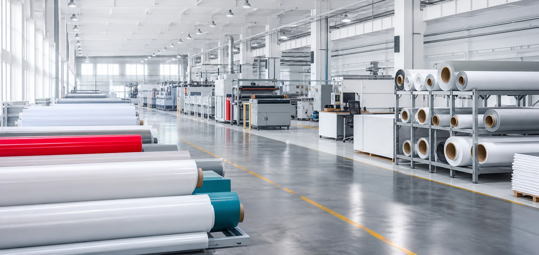 JUTU modern factory with rolls of printing and advertising materials