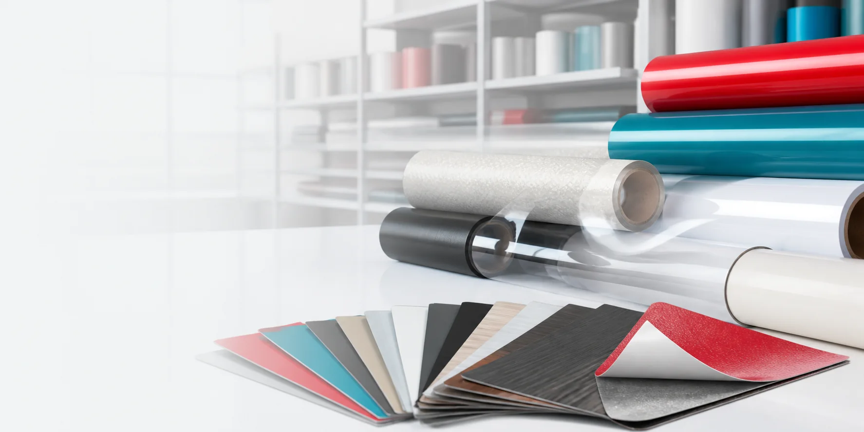 Decorative vinyl rolls and colored material samples