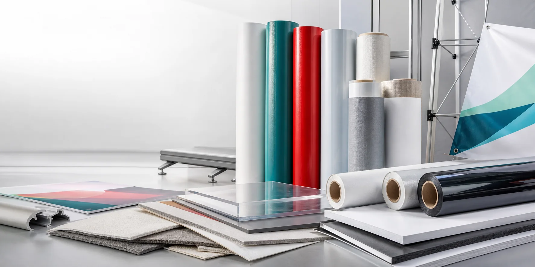 JUTU product materials including vinyl rolls, canvas, banner fabric and rigid sheets